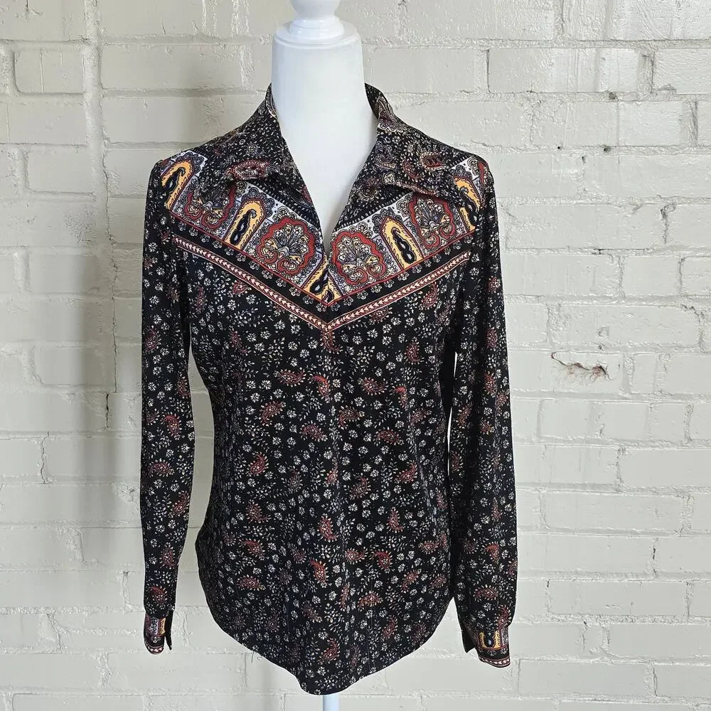 Mardi Modes Vintage 70s Paisley Blouse ┃Black Rust ┃Psychedelic Boho Whimsigoth - Picture 1 of 9